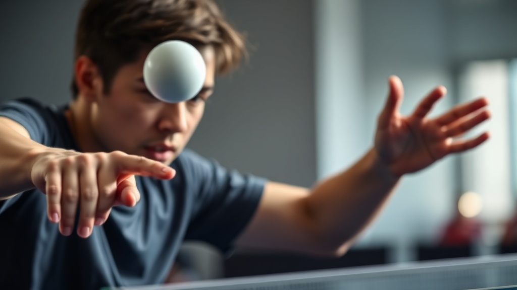 탁구 선수가 공을 높이 던지며 서브 동작을 하는 클로즈업 사진